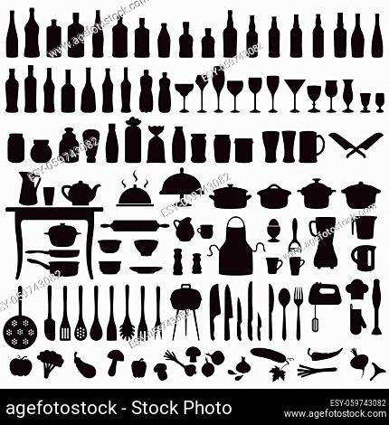 vector set silhouettes of kitchen tools, cooking icons