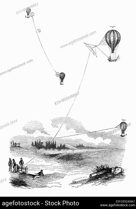 Aerostat, Tetherball, Aircraft, vintage engraved illustration. Magasin Pittoresque 1844