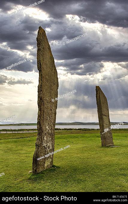 Neolithic Monument, Henge, Standing Stones of Stenness, dramatic cloudy sky, Mainland, Orkney, Scotland, United Kingdom, Europe