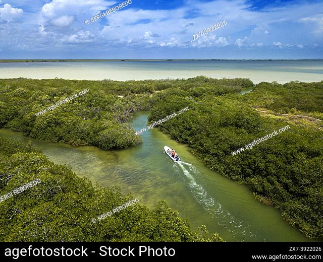 Aerial view of Punta Allen Sian Ka'an Reserve, Yucatan Peninsula, Mexico. Boat excursion in the mangroves. . In the language of the Mayan peoples who once...