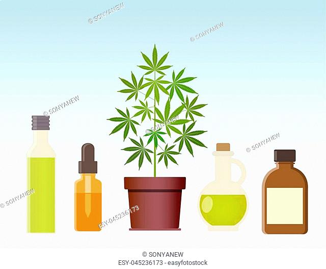 Marijuana plant and cannabis oil. Medical marijuana. Hemp oil in a glass jar. CBD oil hemp products. Oil glass bottle mock up. Vector illustration