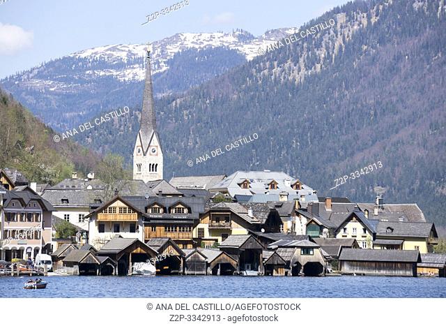 Hallstatt village and lake in Salzkammergut, Austria on April 19, 2019