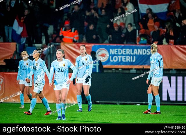 Belgium's players look dejected after a soccer match between Belgium's national women's team the Red Flames and the Netherlands