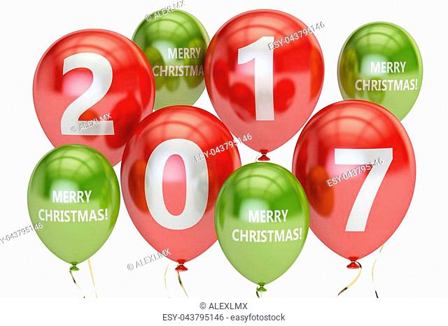 Merry Christmas concept with colored party balloons, 3D rendering isolated on white background