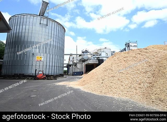 25 May 2023, Bavaria, Unterbernbach: The wood chip store for pellet production in a sawmill - - taken during a field trip along the value chain of a wood pellet