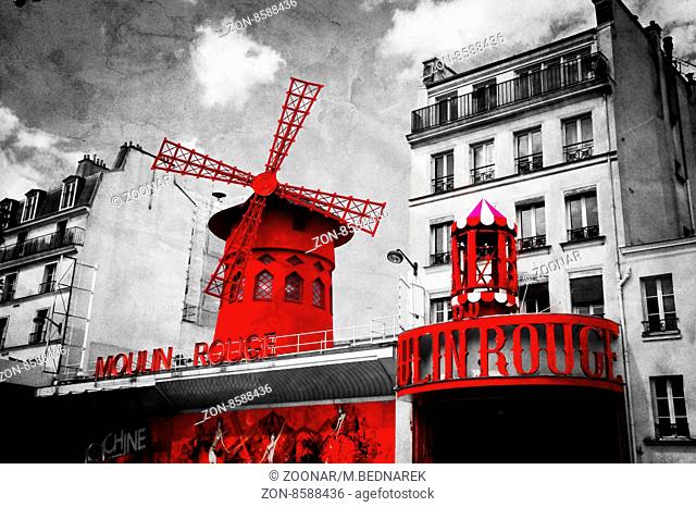 The Moulin Rouge vintage retro depiction in black and white with red elements
