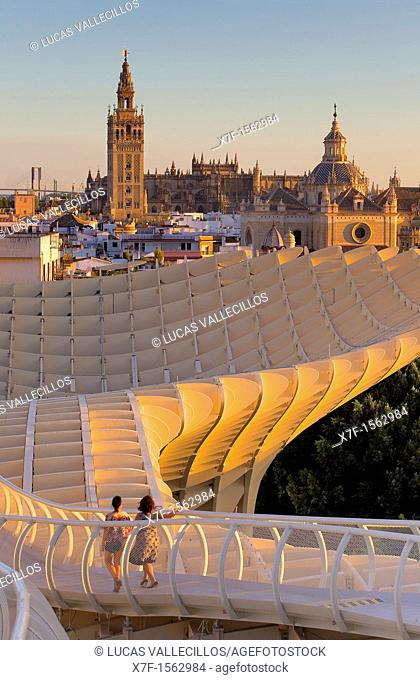 Top of Metropol Parasol and the cathedral, from Plaza de la Encarnación, Sevilla, Andalucía, Spain