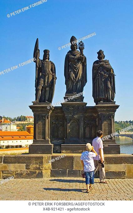 Patron Saints of Bohemian provinces St Norbert St Wenceslas and St Sigismund in Charles Bridge central Prague Czech Republic EU