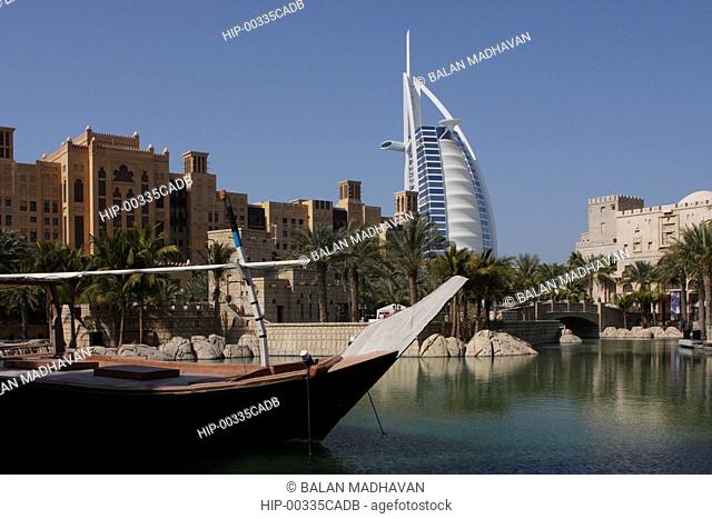 BURJ AL ARAB HOTEL AND TRADITIONAL ARAB BUILDINGS AND COUNTRY MADE SHIPS, DUBAI, UAE