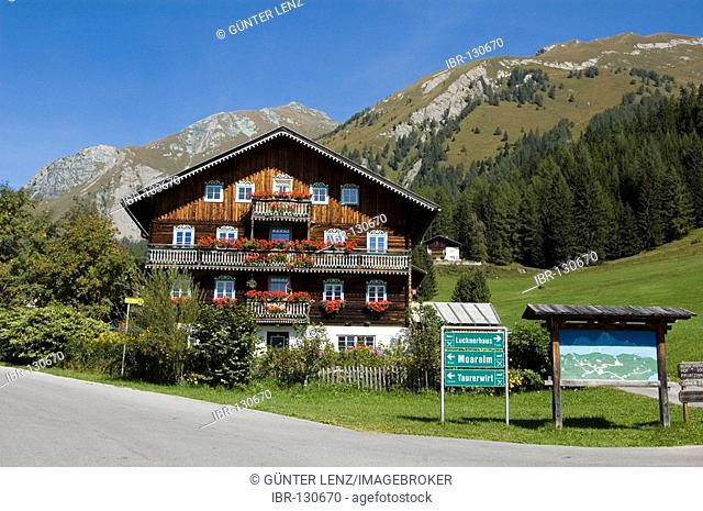 Farm house with flowers at Kalser Mountain Road to Gross Glockner, Kals, Easttyrol, Tyrol, Austria