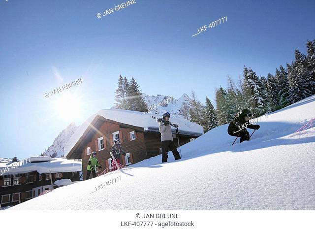 Family with ski, Gargellen, Montafon, Vorarlberg, Austria