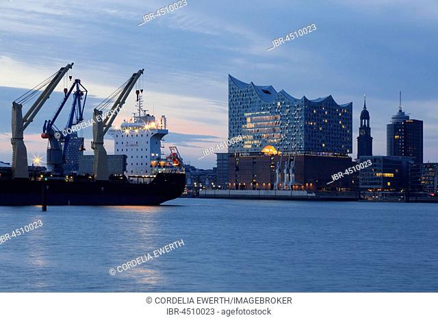 Elbe Philharmonic Hall with Michel and port cranes, Sunset, HafenCity, Hamburg, Germany