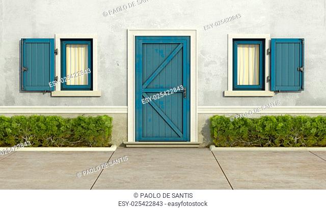 Old house with blue window and front door - 3D Rendering
