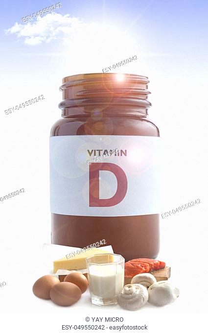 Sunshine pouring out of vitamin d jar over a white background