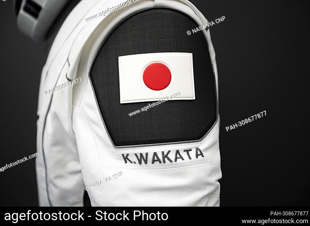 A SpaceX launch and entry suit bears a Japanese flag, and the name of JAXA astronaut Koichi Wakata, a crew member of NASA's SpaceX Crew-5 mission to the...