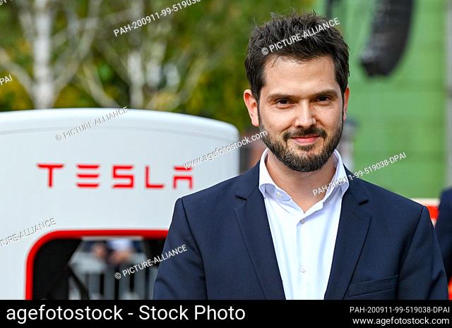 10 September 2020, Berlin: Simon Zwahlen, German head of Tesla, at the presentation of the latest generation of Tesla V3 Superchargers on the premises of the...
