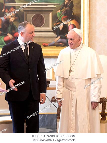 Pope Francis (Jorge Mario Bergoglio) meeting Moldovan President Igor Dodon in the Private Library of the Apostolic Palace