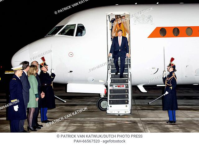 King Willem-Alexander and Queen Maxima of The Netherlands arrive at the airport Velizy-Villacoublay in Paris, France, 9 March 2016
