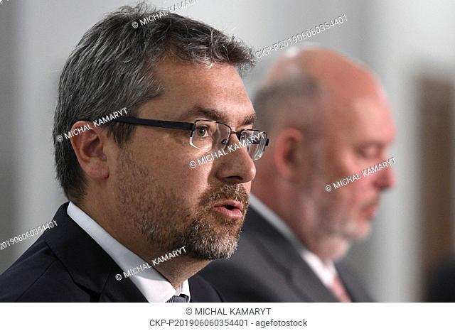 State Agricultural Intervention Fund (SZIF) Director Martin Sebestyan, left, and Czech Agriculture Minister Toman speak during a press briefing, on June 6, 2019