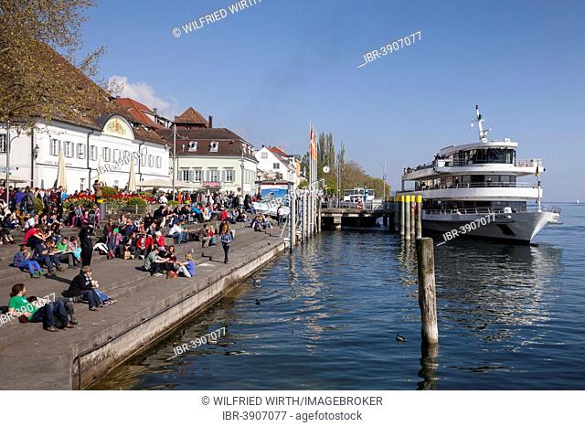 Grethhaus on the lakeside promenade with a pier, Überlingen, Lake Constance, Baden-Wuerttemberg, Germany