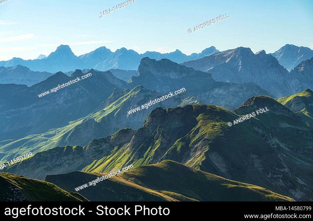 Alpine mountain landscape on sunny summer day. View from Nebelhorn to the Allgäu Alps. In the center Schneck and Großer Wilder