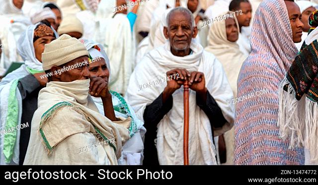 ETHIOPIA, LALIBELA-CIRCA JANUARY 2018--unidentified people in crowd of the genna celebration