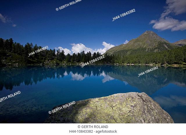 Switzerland, Europe, Lagh da Saoseo, Trees, Rocks, Rock, Canton Ticino, Lake, Reflections, Water, Clouds, Landscape, N