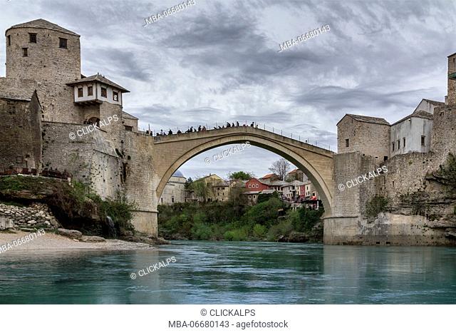 Eastern Europe, Mostar, Bosnia and Herzegovina. The Stari Most (Old Bridge), icon of the war in the Balkans