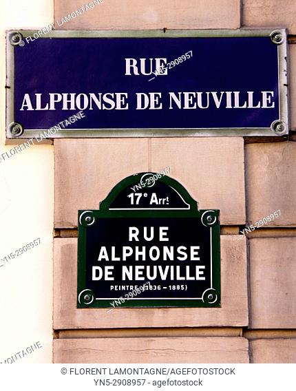 Panneau Rue Alphonse de Neuville, Paris, Ile de France, 75017, sign, street,