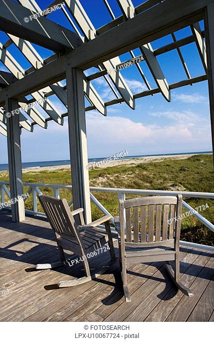 Beachfront deck with trelliswork on Bald Head Island, North Carolina