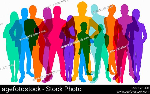 Bunte einfarbige Silhouetten vieler verschiedener Leute als Bevölkerung und Teamwork Konzept