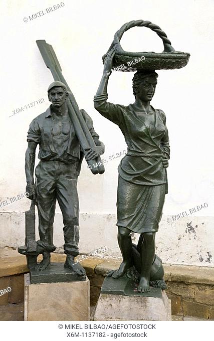 sardine seller woman and fisher statues  Puerto Viejo Old Port  Getxo, Biscay, Basque Country, Spain, Europe