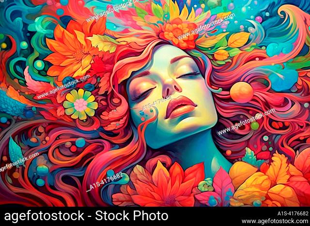 Woman drawing surround by flower, colorful wallpaper, graffiti art