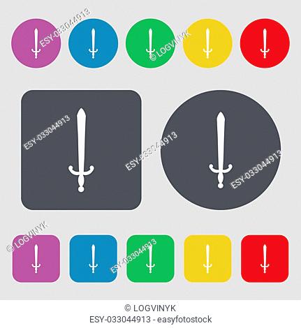 the sword icon sign. A set of 12 colored buttons. Flat design. illustration