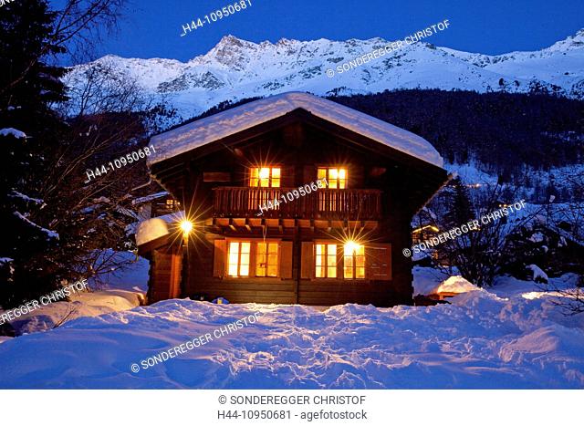 Switzerland, Europe, snow, winter, canton, Valais, Zinal, Val d'Anniviers, hut, mountain house, alp hut, night, dark, light