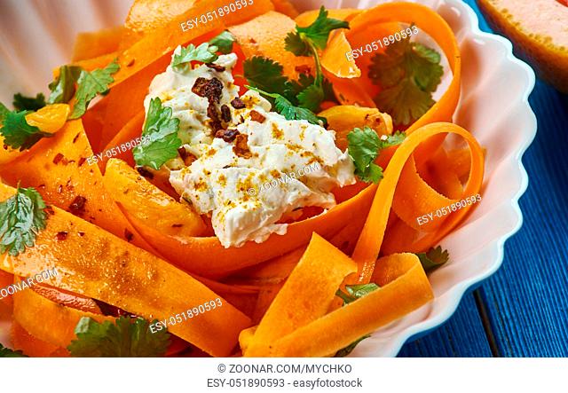 Moroccan cuisine, Harissa Carrot salad with Feta cheese, Traditional assorted Moroccodishes, Top view