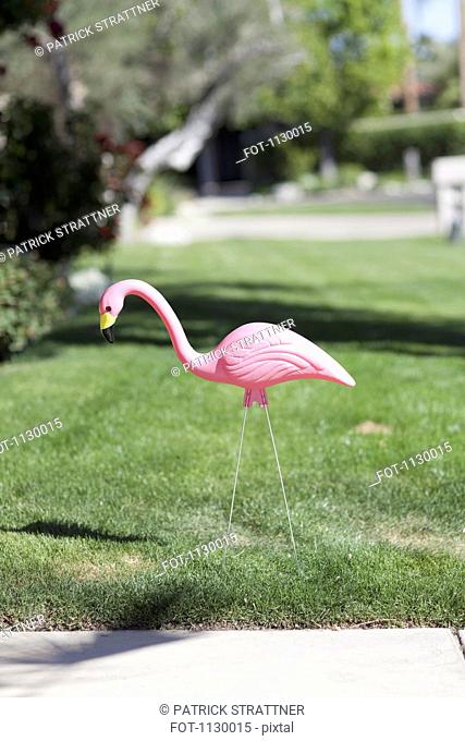 A plastic pink flamingo stuck in a lawn, close-up