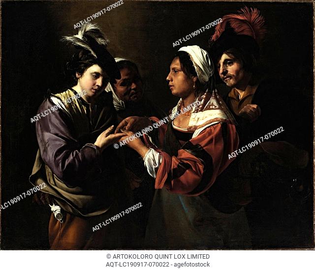 Bartolomeo Manfredi, Italian, 1582-1622, The Fortune Teller, ca. between 1616 and 1617, oil on canvas, Unframed: 48 1/8 × 60 13/16 inches (122.2 × 154