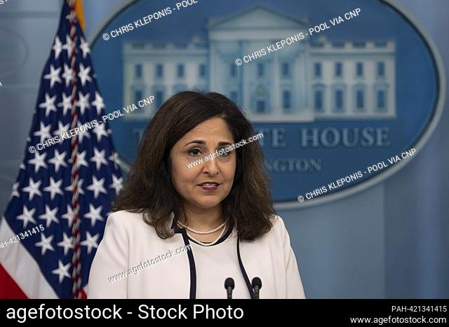 White House Domestic Policy Advisor Neera Tanden participates in the daily press briefing in the James S. Brady Press Briefing Room of the White House in...