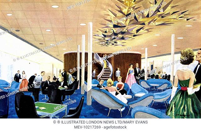Colour illustration depicting the First Class Lounge of 'Canberra', P&O's super-liner. The ship set off on her maiden voyage to Sydney, Australia in June 1961