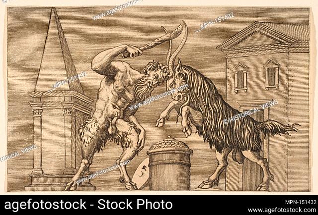 A satyr and a ram attacking each other, the satyr weilding a club with his right hand, a shield resting against a small column at center