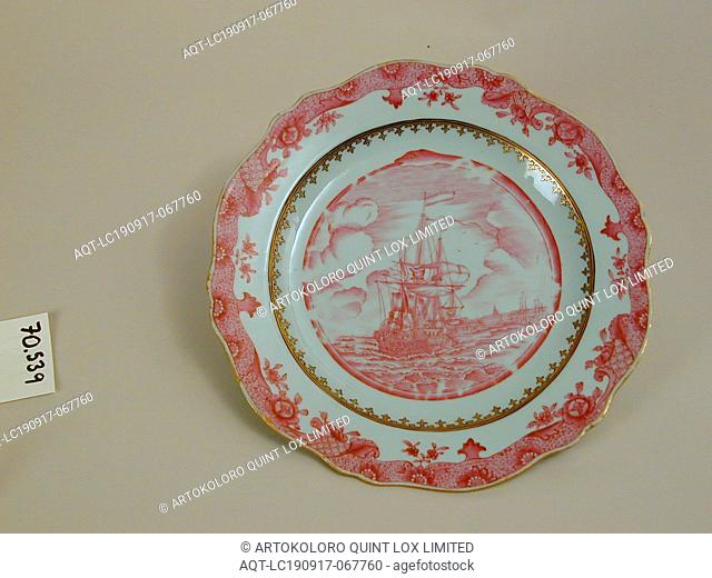 Plate, 1755/1760, porcelain, overglaze transfer print, gold, Height x diameter: 1 x 8 7/8 in. (2.5 x 22.5 cm)