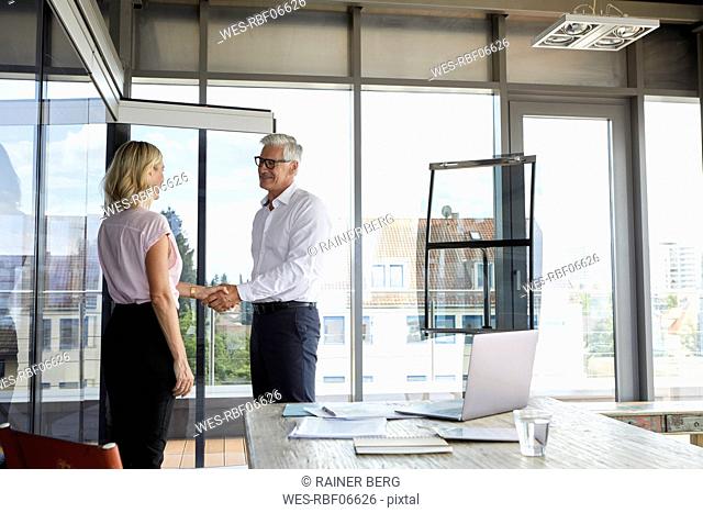 Businessman and woman shaking hands in office