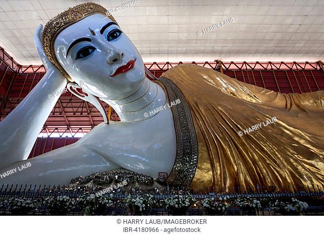 Reclining Buddha in Chauk Htat Gri Pagoda, one of the largest Buddha in Myanmar, 72 m long, Yangon, Myanmar
