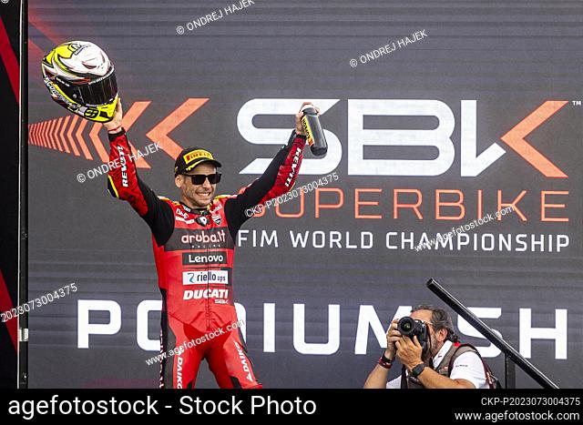 Alvaro Bautista from Spain celebrates his victory on the podium after Race 2 during the 2023 Superbike World Championship, on July 30, 2023, in Most