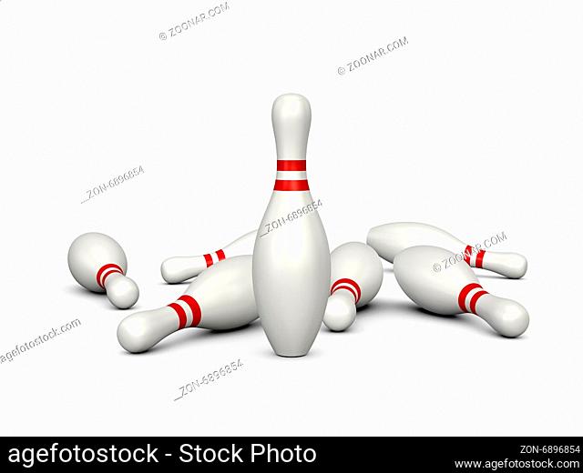 Only one bowling pin standing front of others, isolated on white background