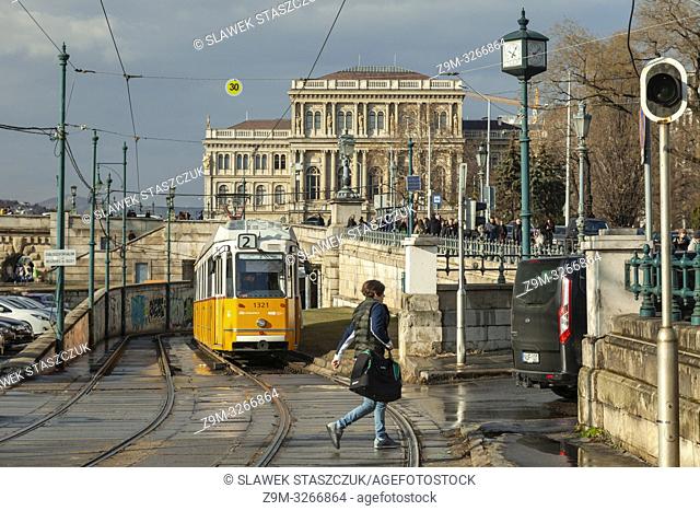 Traditional yellow tram in Budapest, Hungary