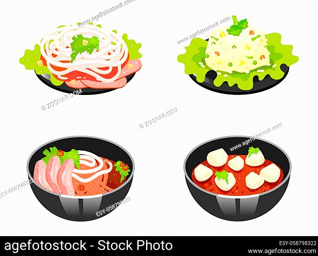 Chinese dishes color icons set. Tomato and woton noodles soup. Rice with vegetables. Eastern traditional cuisine. Meat chops with sauce and onion slices