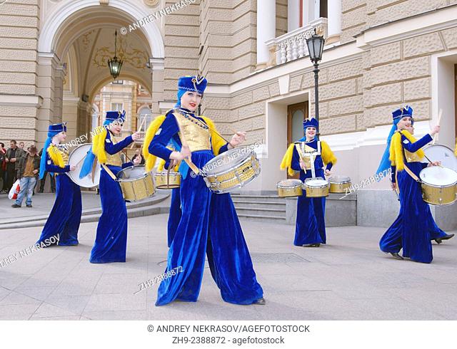 April 01, 2014. Outdoor concert drummers near the teatre Opera and Beleth. In Odessa, held Humorina (Day of humor, laughter and fun) this is an annual festival...