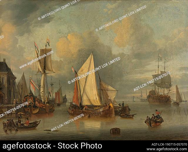 A Calm (Ships in the Harbor by Calm Weather), View of ships in the harbor in calm weather. To the left of the quay is a yacht with a figure of Mercury and the...